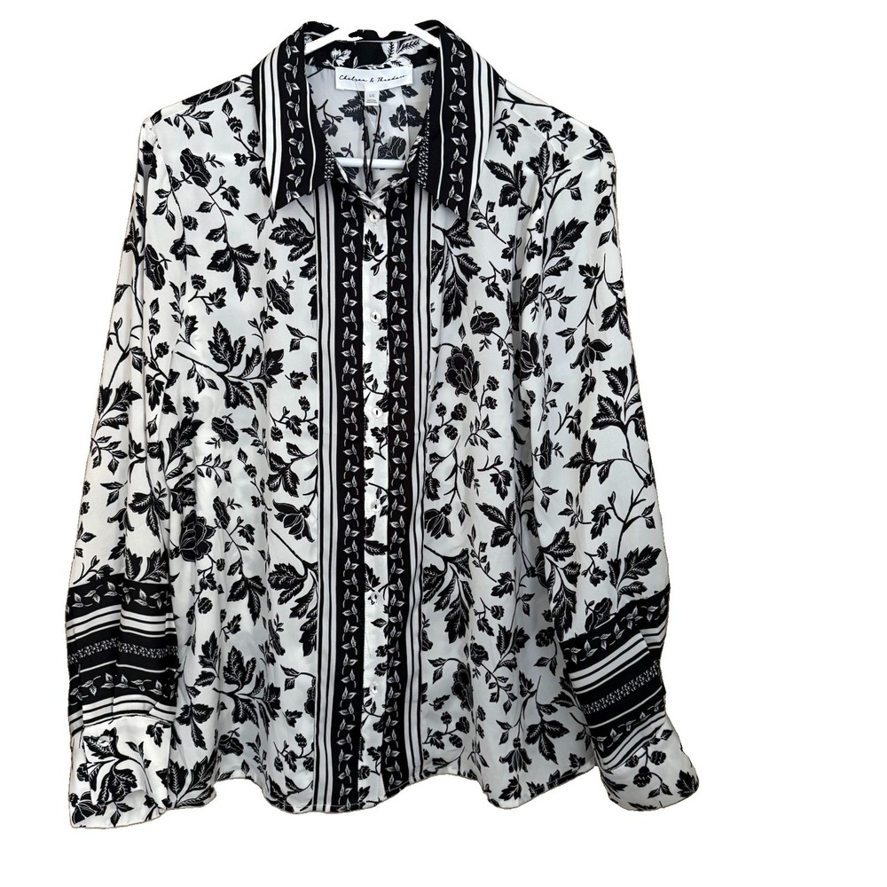 Chelsea & Theodore Floral Print Button Up Blouse L Black White NWT Boho Office
